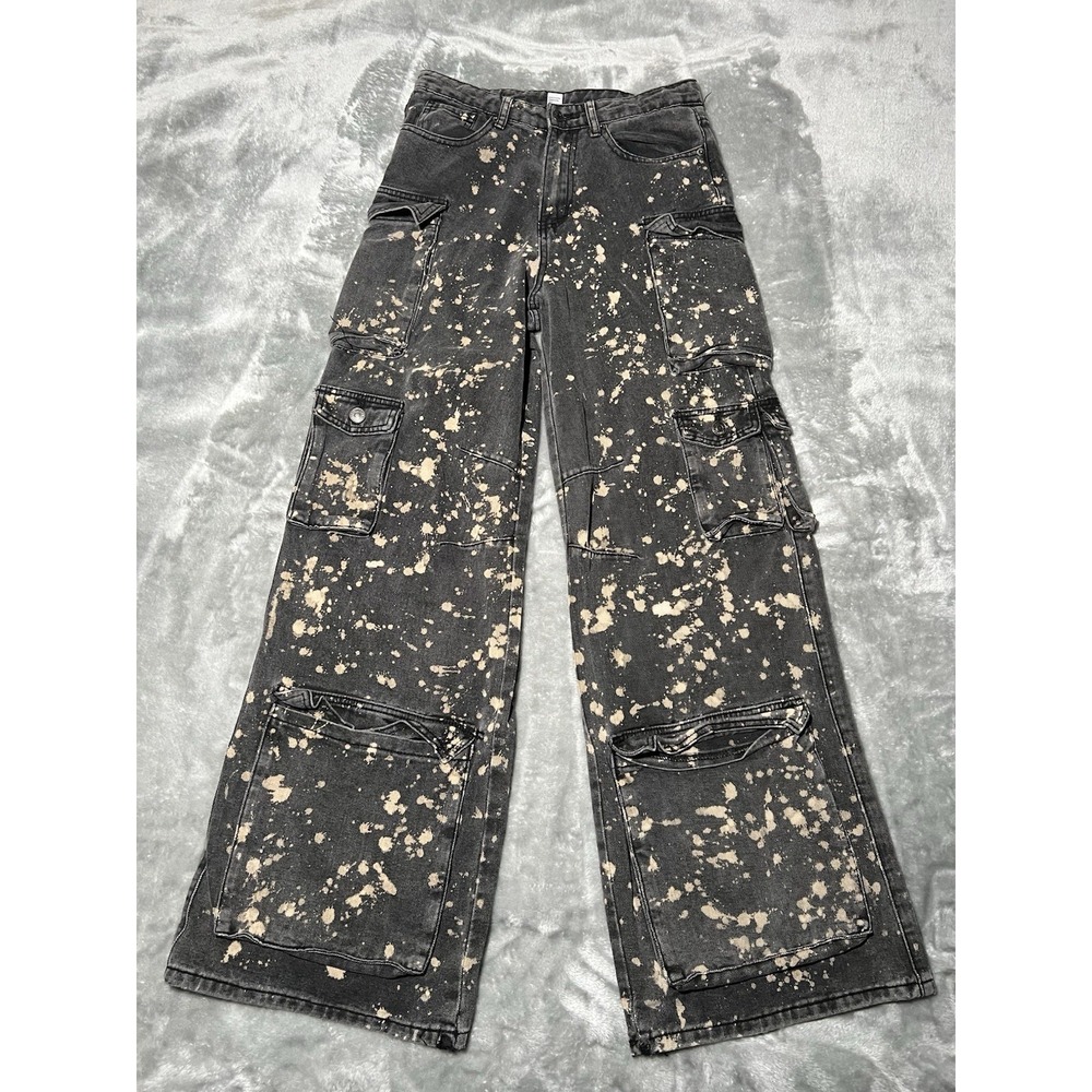 Forever 21 Pants Women Size 26 Black Cargo Rave Festival Custom Dyed Stone Wash